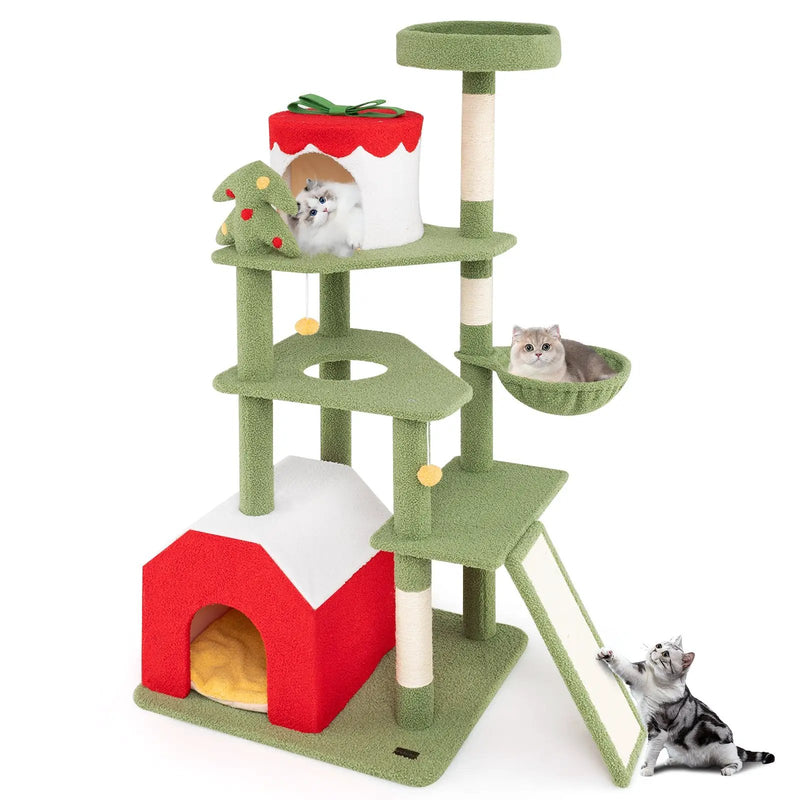 61 Inches Cute Christmas Cat Tree with Sisal Scratching Posts and 2 Condos-Green by DirectDeals