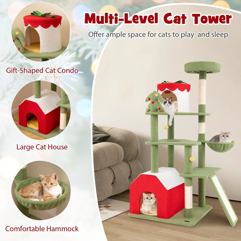 61 Inches Cute Christmas Cat Tree with Sisal Scratching Posts and 2 Condos-Green by DirectDeals