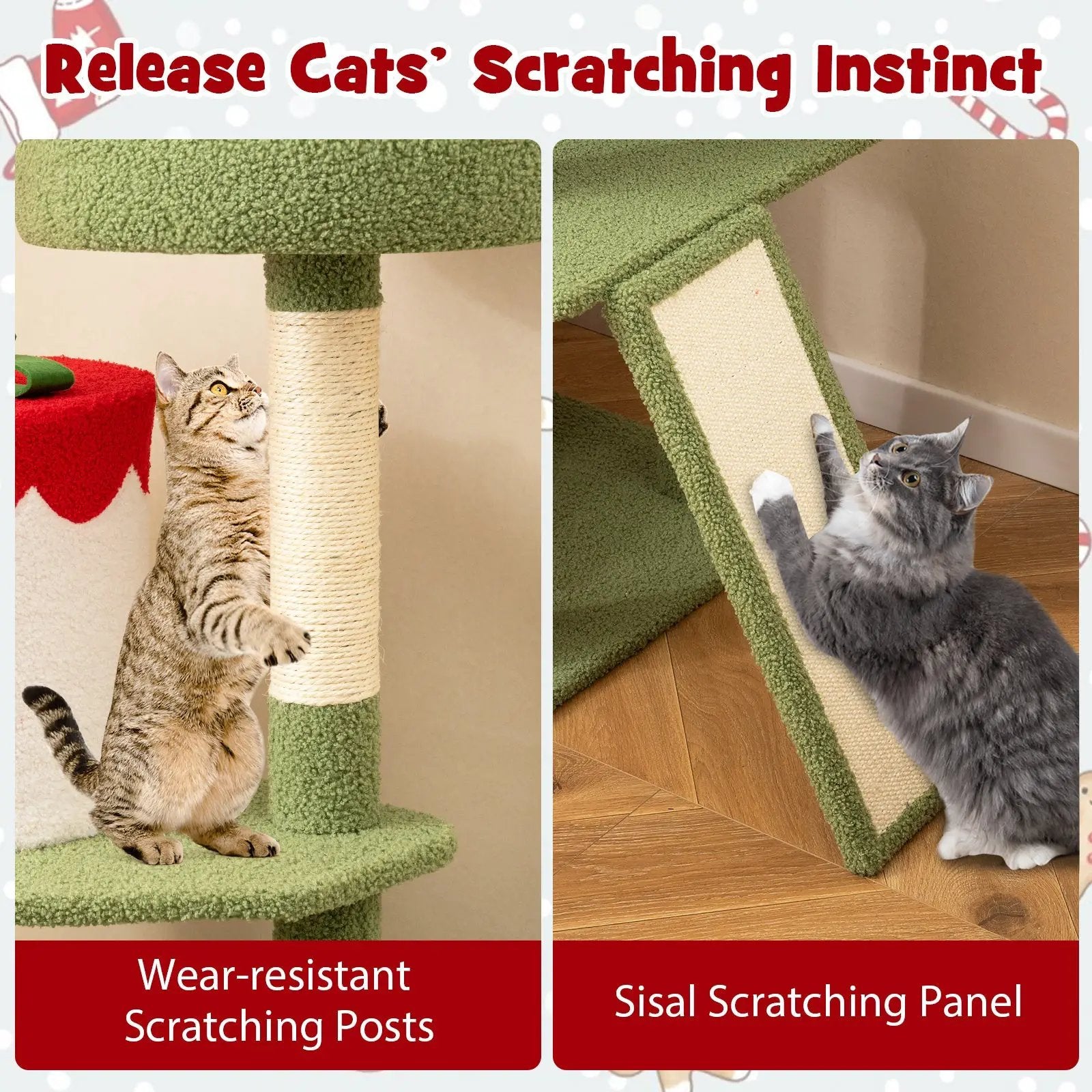 61 Inches Cute Christmas Cat Tree with Sisal Scratching Posts and 2 Condos-Green by DirectDeals