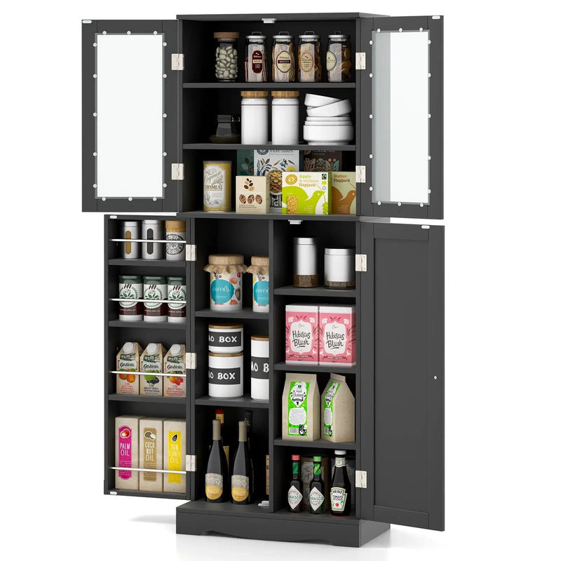 Tall Kitchen Pantry Cabinet with Dual Tempered Glass Doors and Shelves by DirectDeals