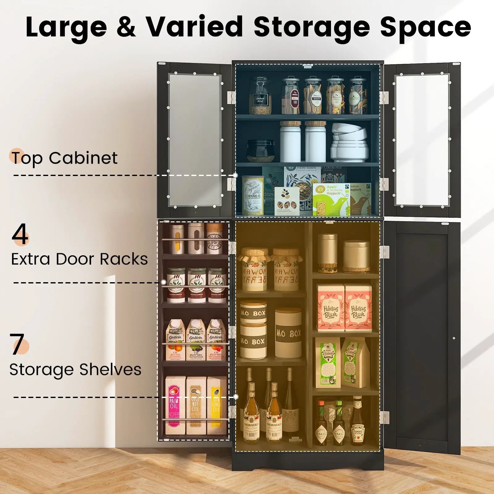 Tall Kitchen Pantry Cabinet with Dual Tempered Glass Doors and Shelves by DirectDeals