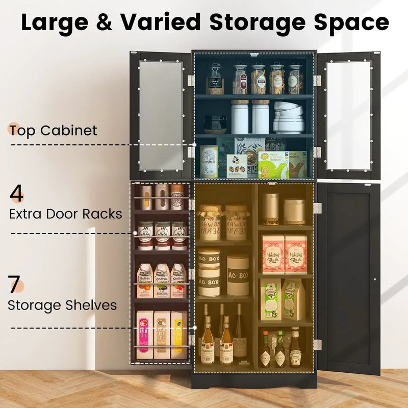 Tall Kitchen Pantry Cabinet with Dual Tempered Glass Doors and Shelves by DirectDeals