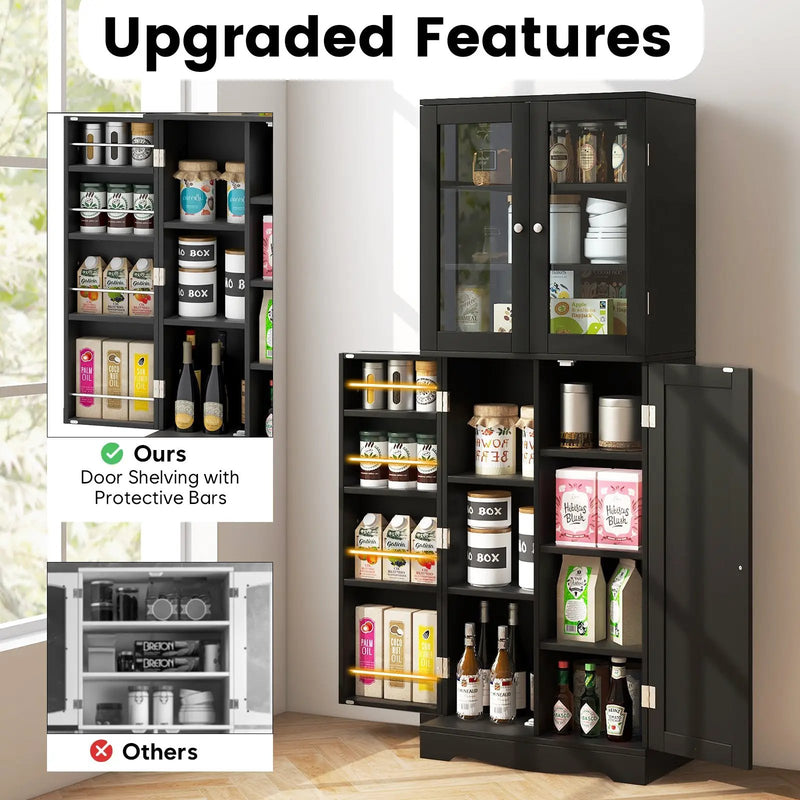 Tall Kitchen Pantry Cabinet with Dual Tempered Glass Doors and Shelves by DirectDeals