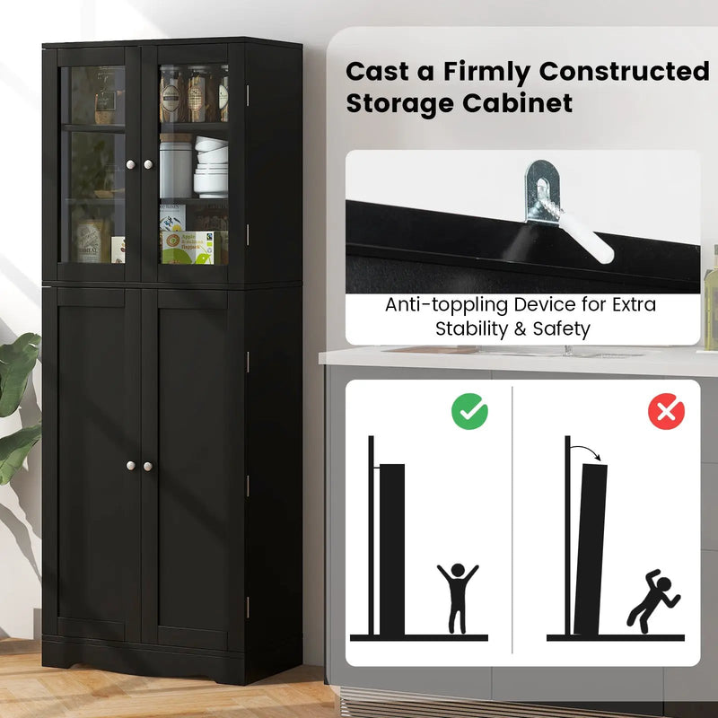 Tall Kitchen Pantry Cabinet with Dual Tempered Glass Doors and Shelves by DirectDeals