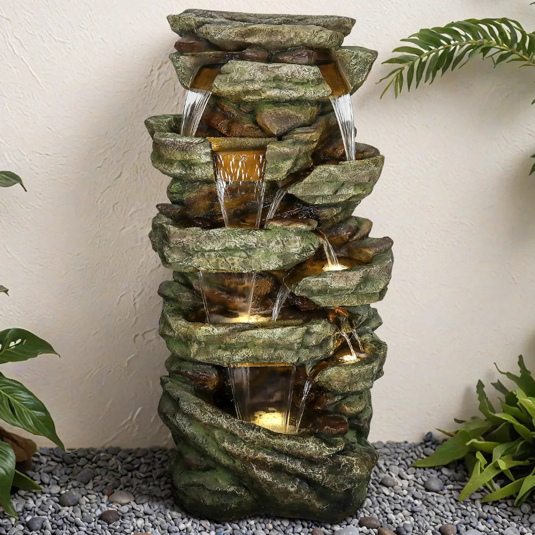 Resin Stacked Stone Rock Waterfall Outdoor Fountain with LED, photo 4 of 6