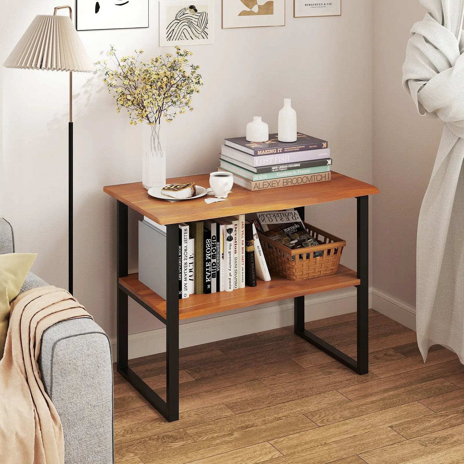 2-Tier Teak Wood End Table Sofa Side for Living Room Hallway Laundry by DirectDeals