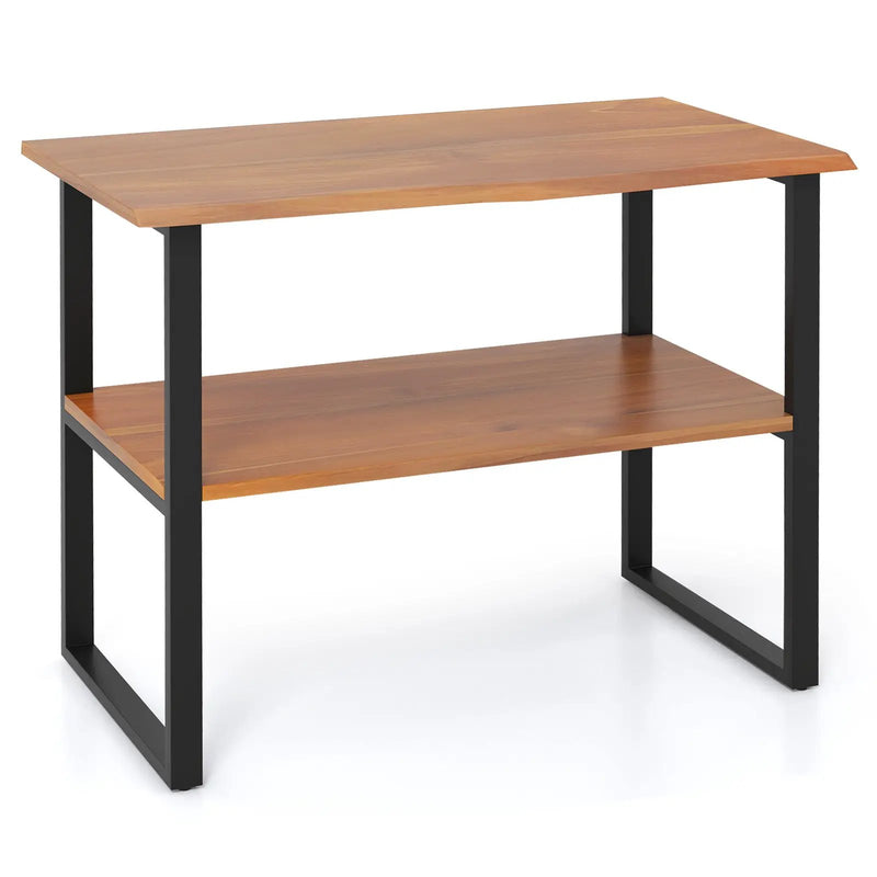 2-Tier Teak Wood End Table Sofa Side for Living Room Hallway Laundry by DirectDeals