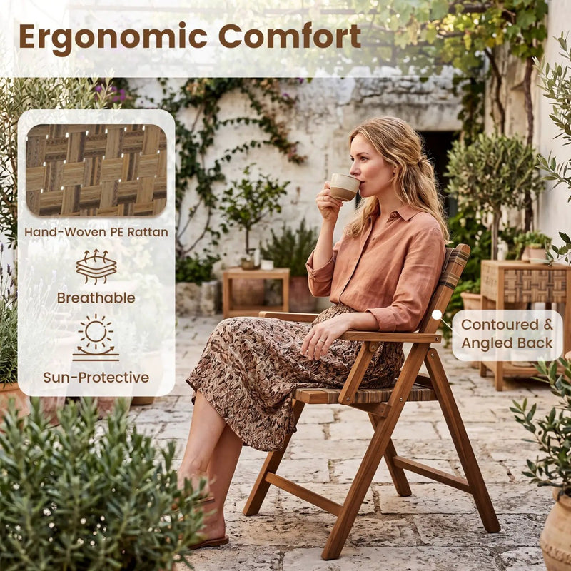 Teak Folding Patio Chairs Set of 2 with Woven Rattan by DirectDeals