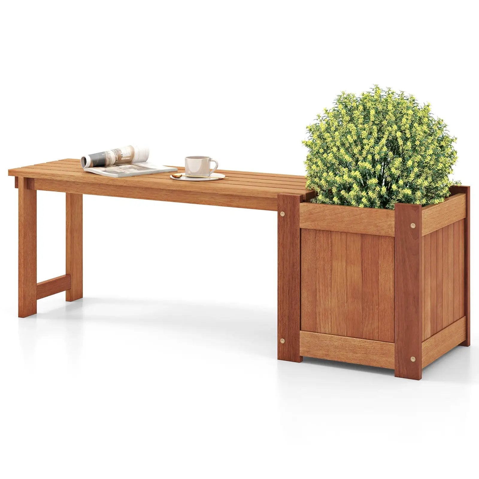 Teak Oil Finish Raised Garden Bed Wood Planter Box with Bench by DirectDeals