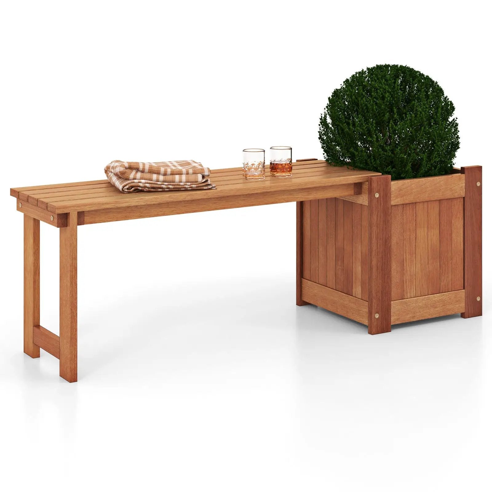 Teak Oil Finish Raised Garden Bed Wood Planter Box with Bench by DirectDeals