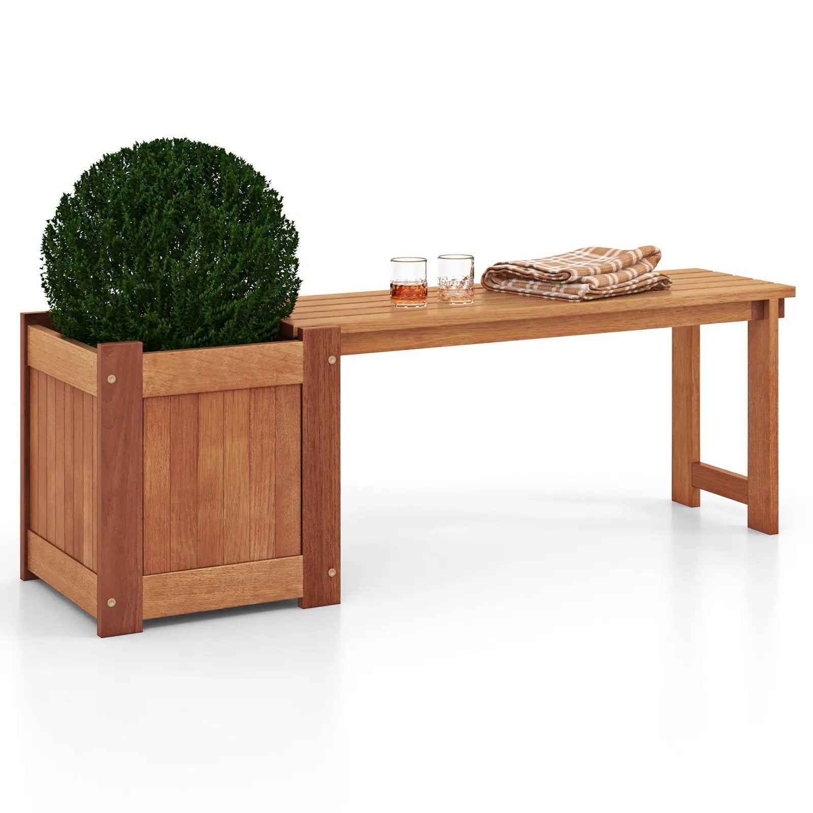 Teak Oil Finish Raised Garden Bed Wood Planter Box with Bench by DirectDeals