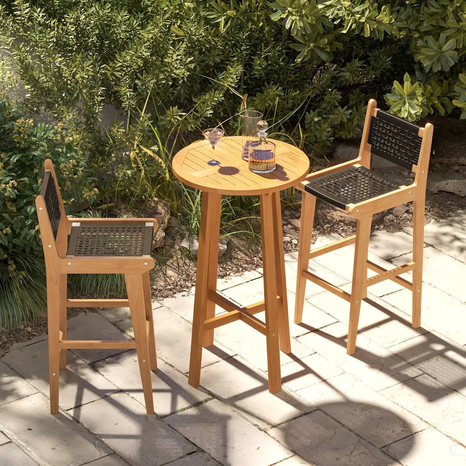 30 Inch Rattan Teak Wood Bar Stool with Backrest and Footrest by DirectDeals