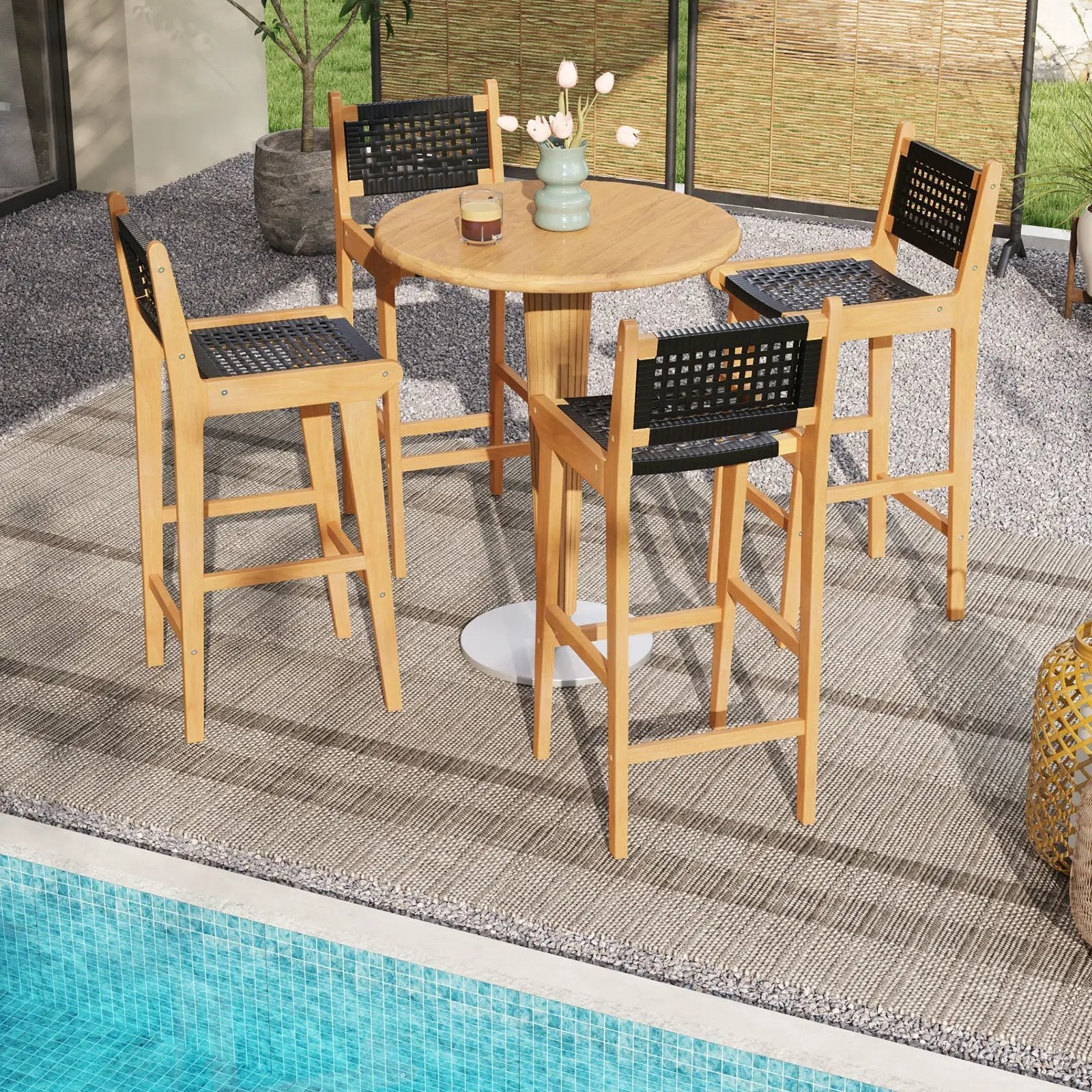 30 Inch Rattan Teak Wood Bar Stool with Backrest and Footrest by DirectDeals