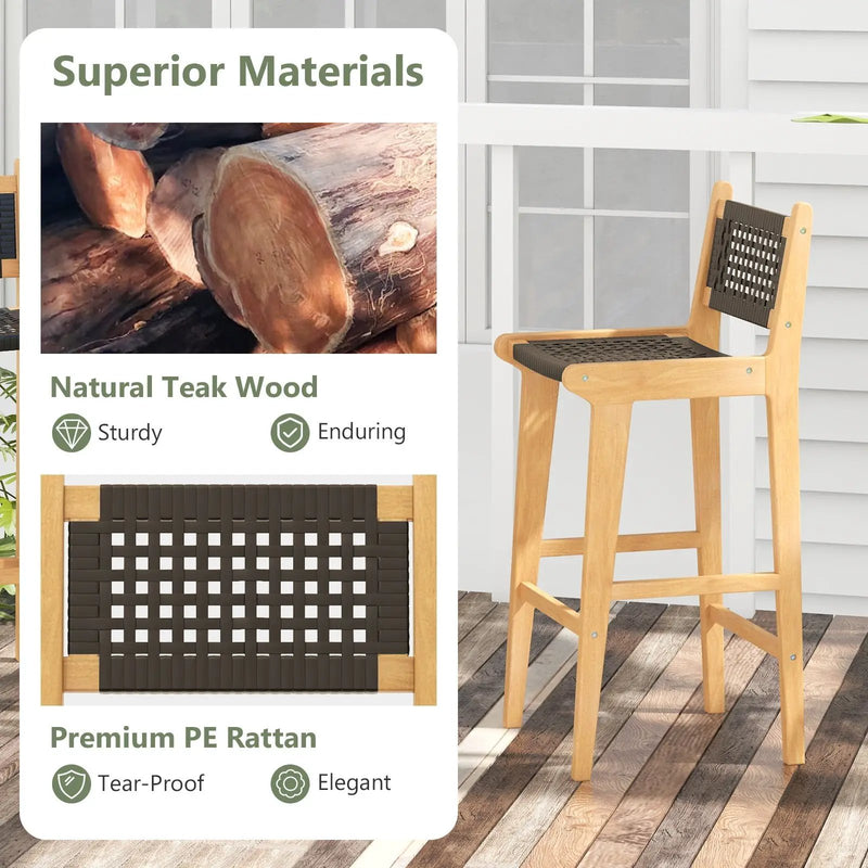 30 Inch Rattan Teak Wood Bar Stool with Backrest and Footrest by DirectDeals