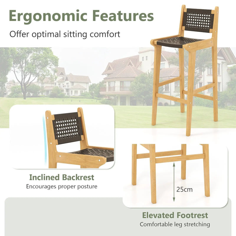 30 Inch Rattan Teak Wood Bar Stool with Backrest and Footrest by DirectDeals