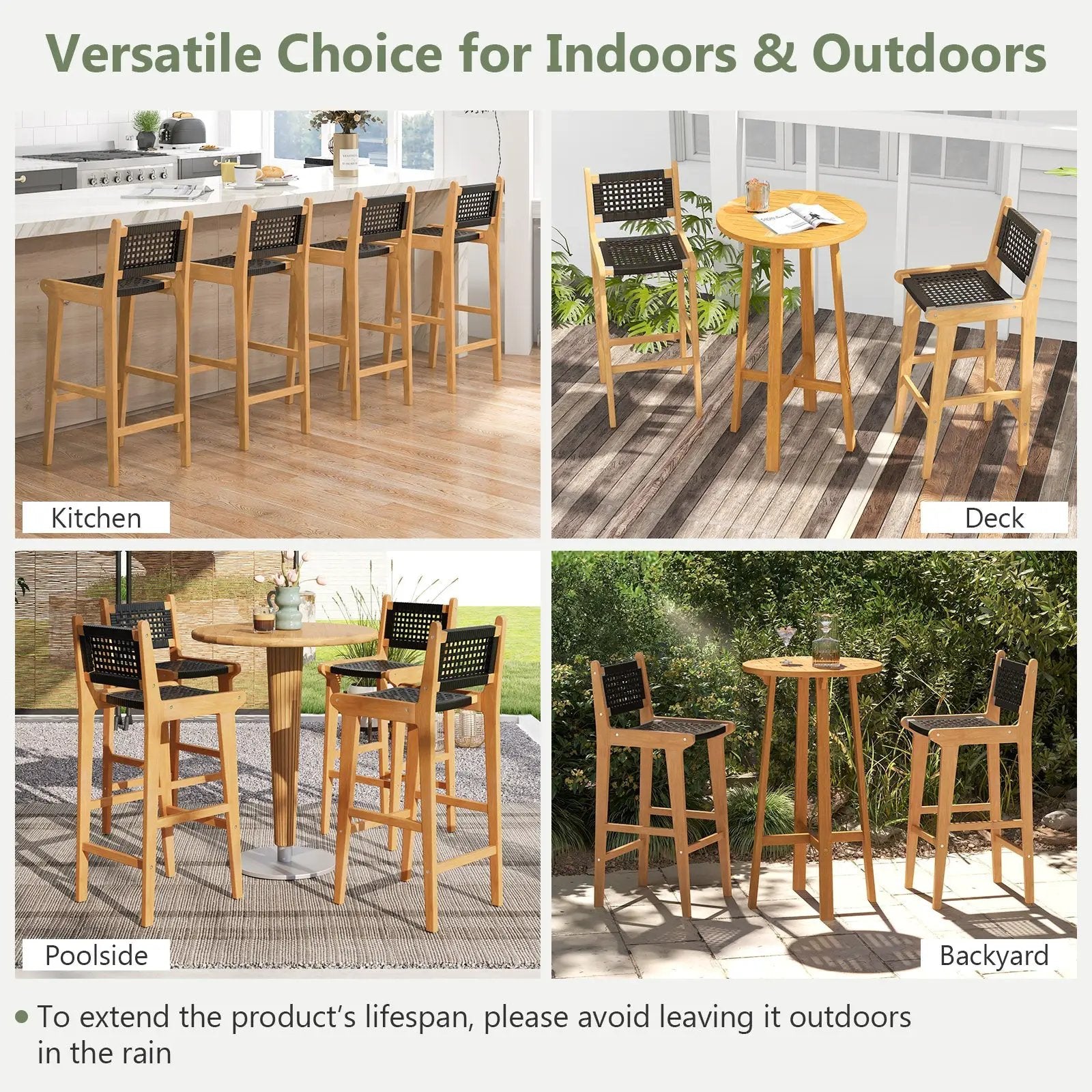 30 Inch Rattan Teak Wood Bar Stool with Backrest and Footrest by DirectDeals