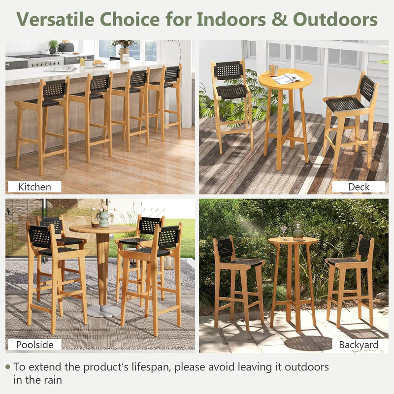 30 Inch Rattan Teak Wood Bar Stool with Backrest and Footrest by DirectDeals