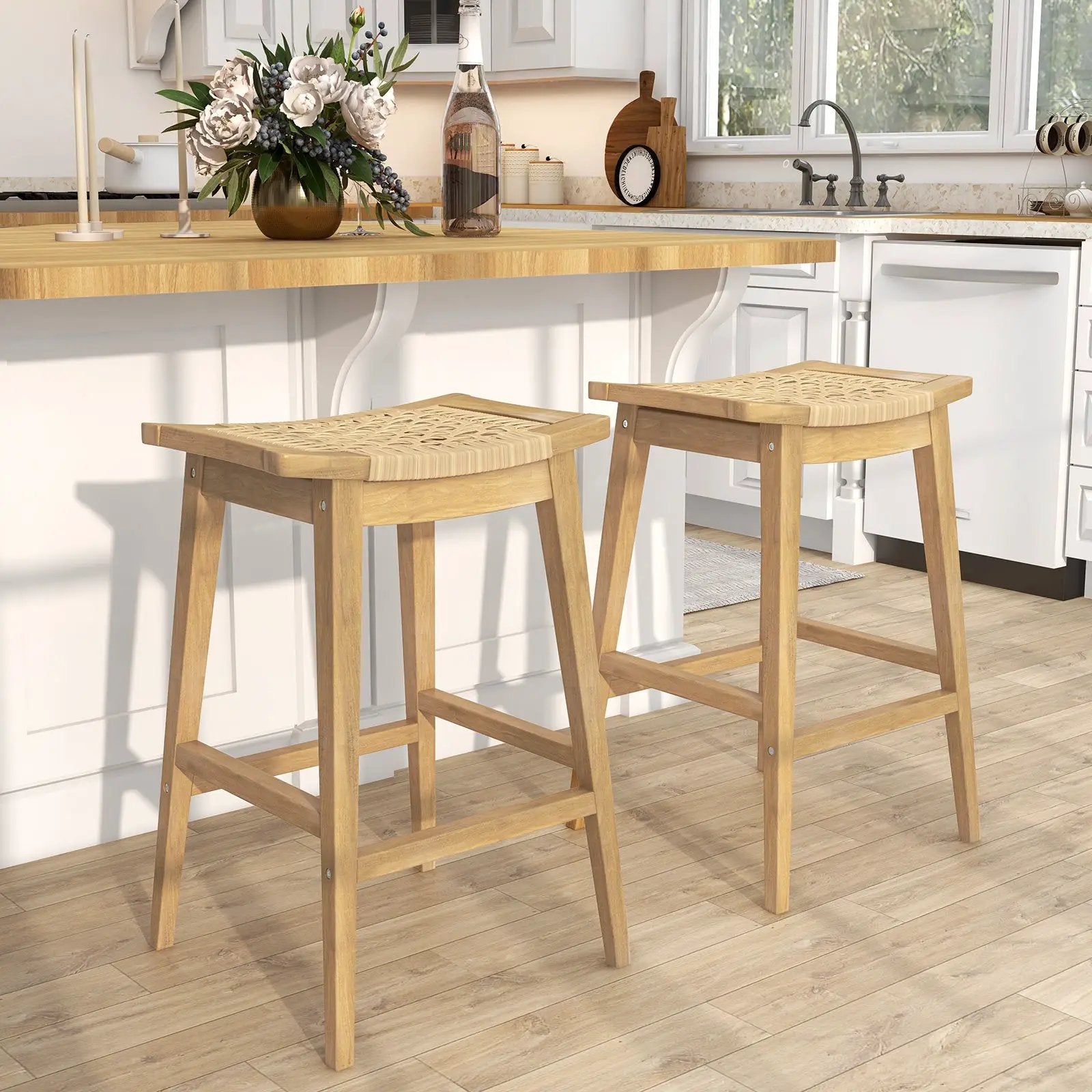 29 Inch Patio Rattan Barstool with Footrest and Saddle Seat by DirectDeals