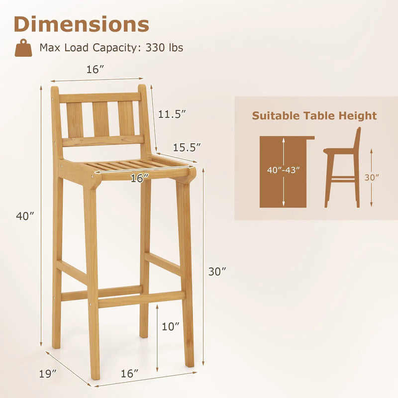 30 Inch Teak Wood Bar Chair with Footrest and Backrest for Deck Poolside Garden by DirectDeals