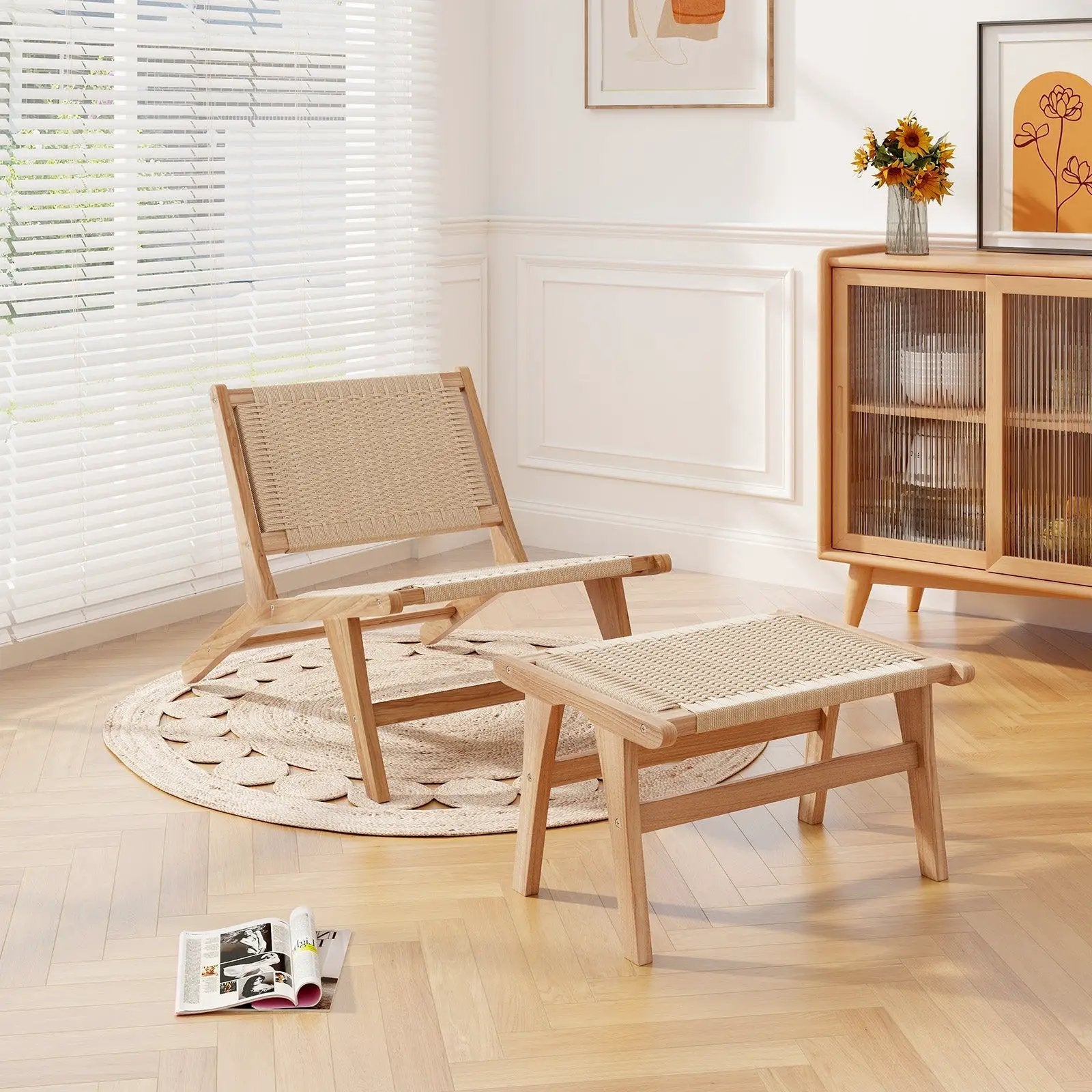 Teak Wood Ottoman Footstool with Braided Rope for Living Room by DirectDeals