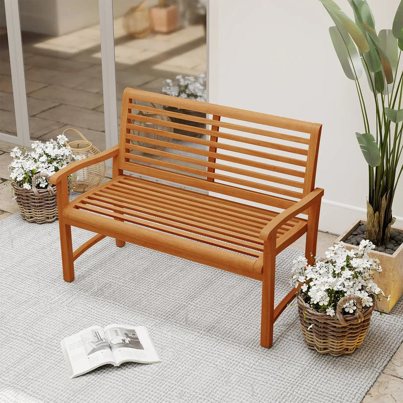 Teak Wood Outdoor Garden Bench with Slatted Backrest and Seat by DirectDeals