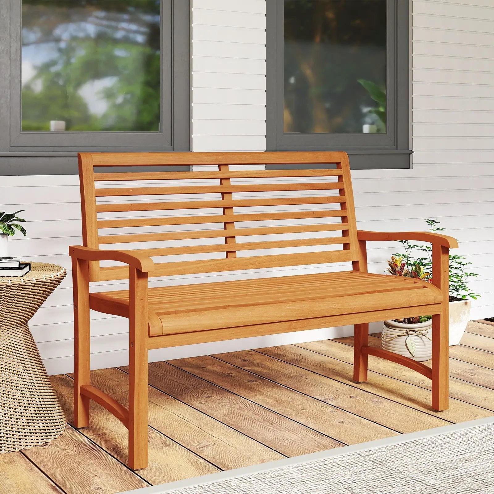 Teak Wood Outdoor Garden Bench with Slatted Backrest and Seat by DirectDeals