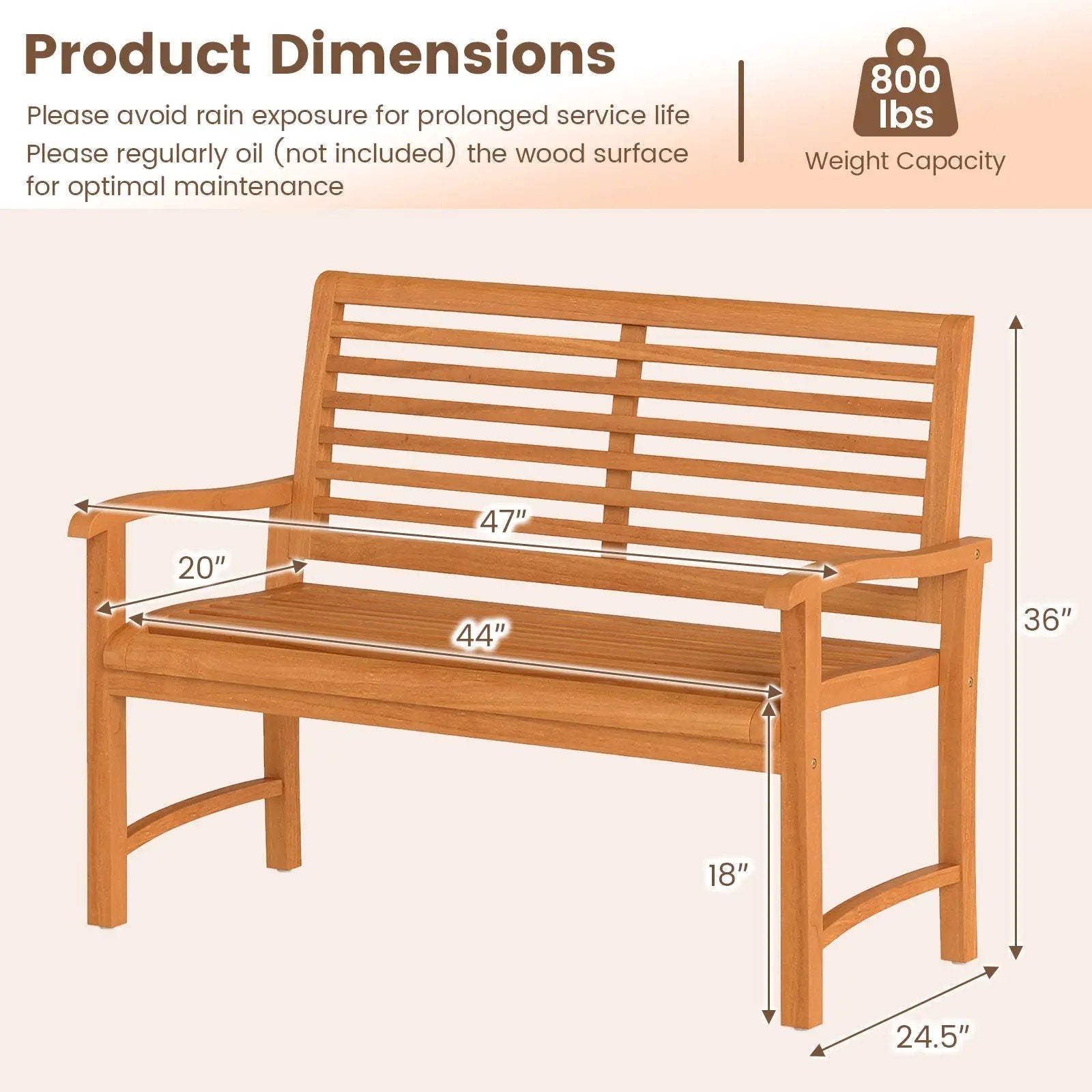 Teak Wood Outdoor Garden Bench with Slatted Backrest and Seat by DirectDeals
