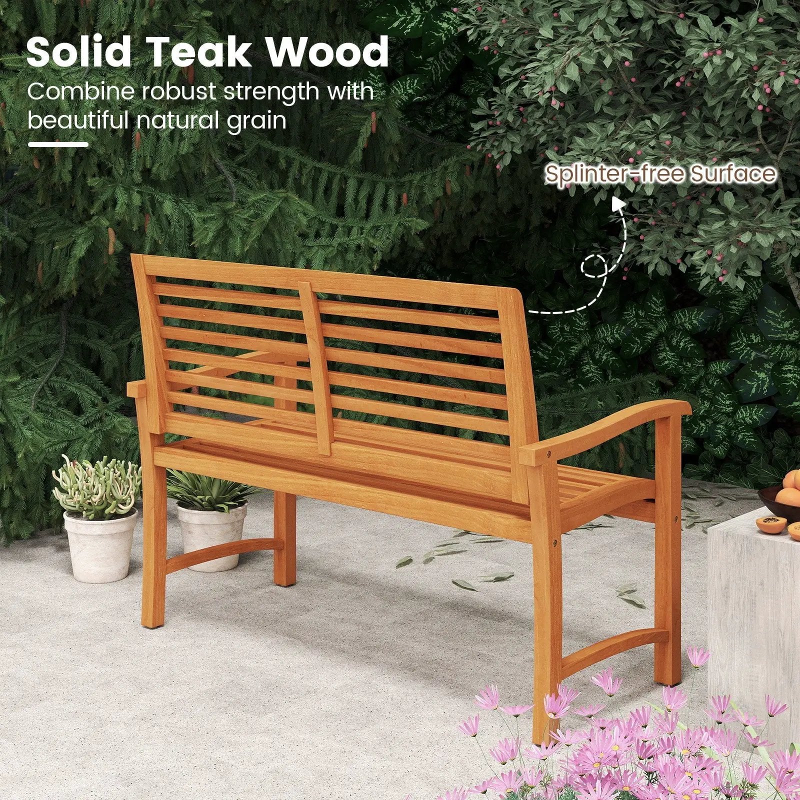 Teak Wood Outdoor Garden Bench with Slatted Backrest and Seat by DirectDeals
