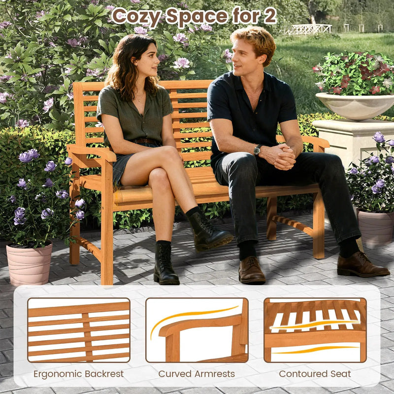 Teak Wood Outdoor Garden Bench with Slatted Backrest and Seat by DirectDeals