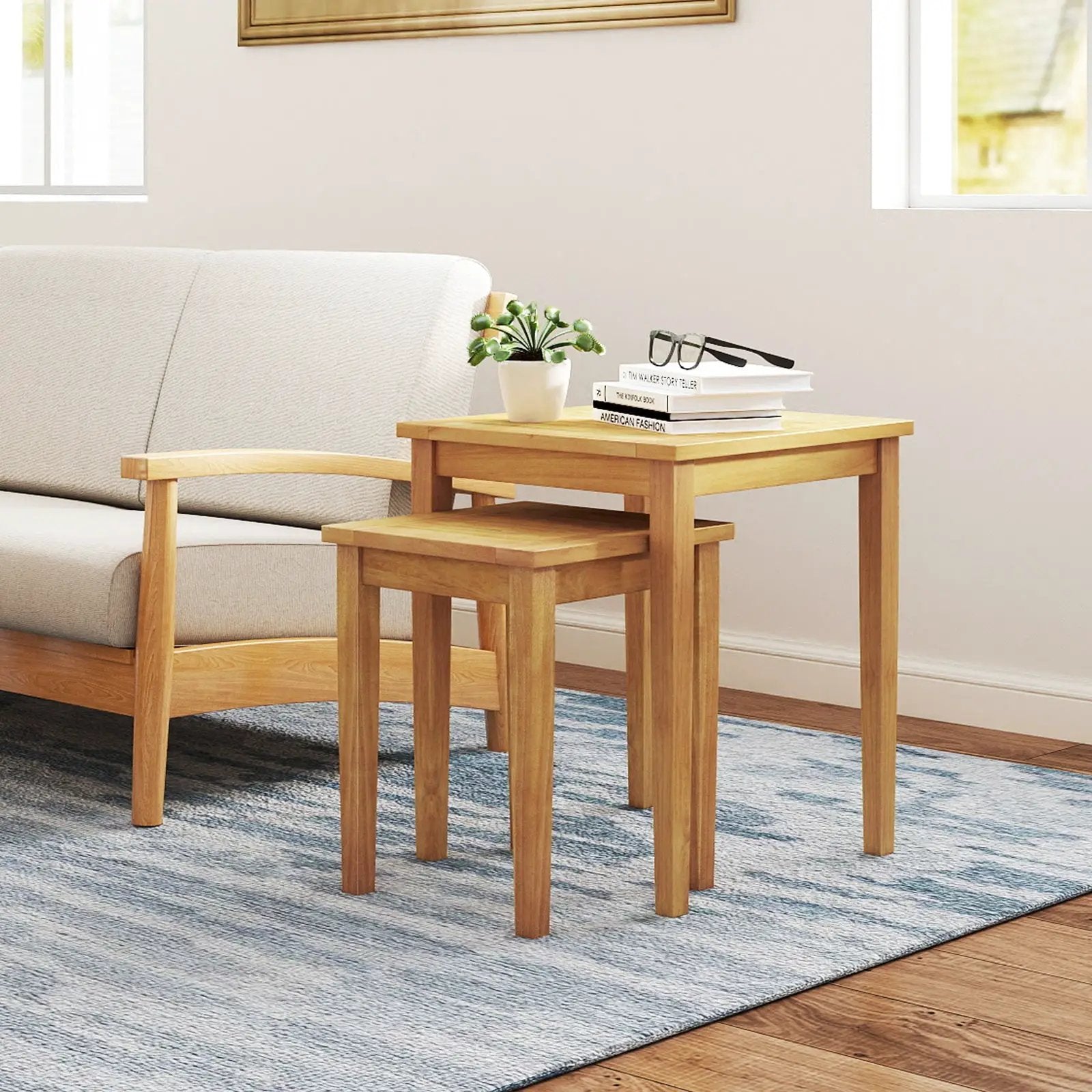 2 Pieces Space Saving Design Teak Wood Outdoor Patio Nesting Table by DirectDeals