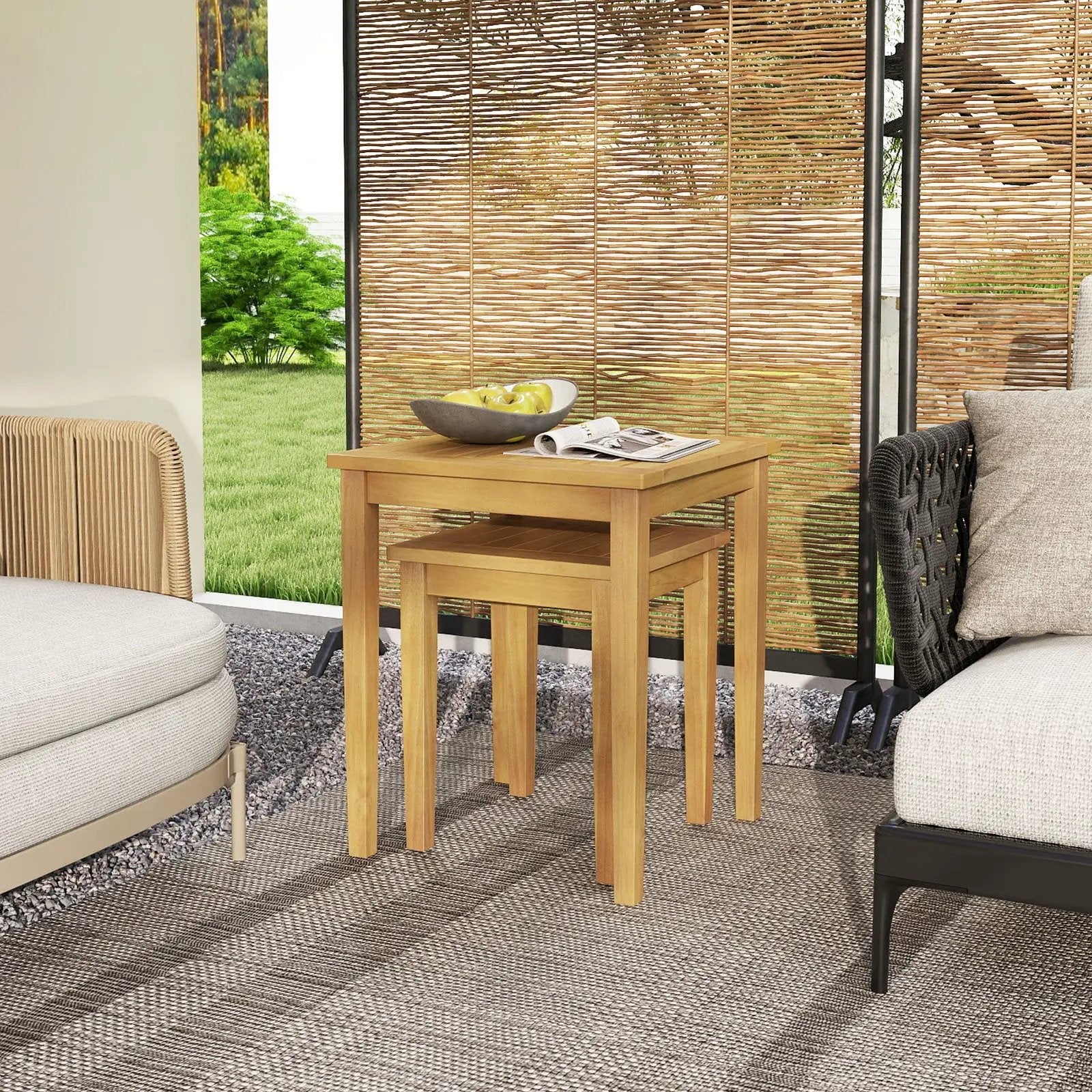 2 Pieces Space Saving Design Teak Wood Outdoor Patio Nesting Table by DirectDeals