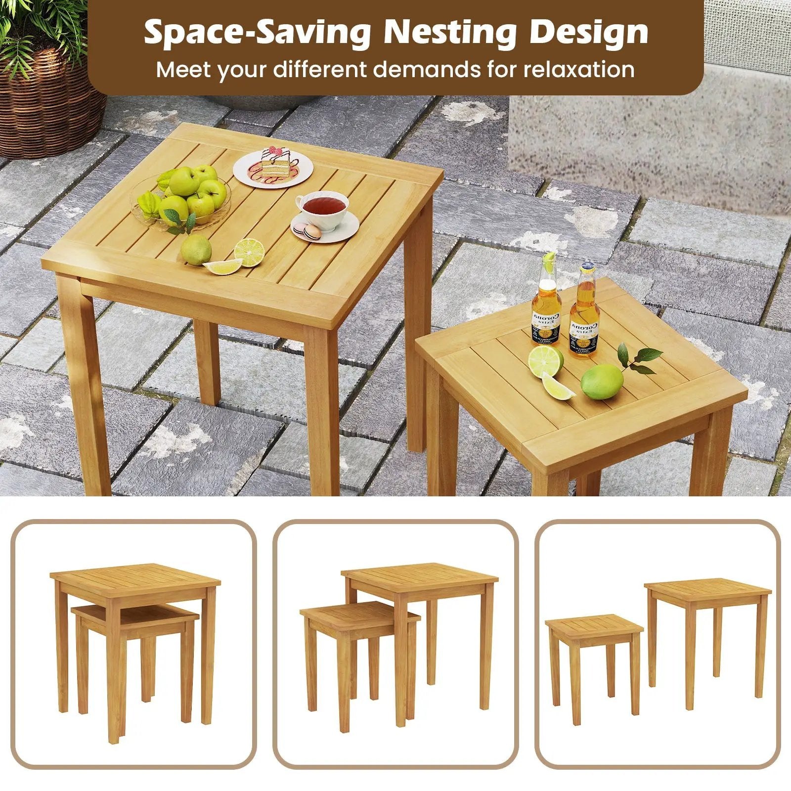 2 Pieces Space Saving Design Teak Wood Outdoor Patio Nesting Table by DirectDeals