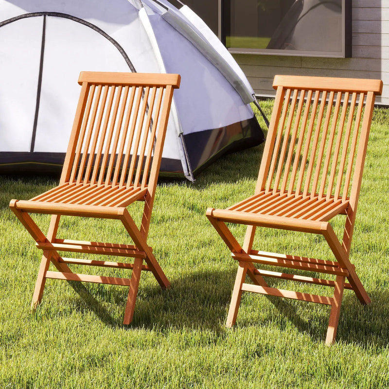 Teak Wood Patio Chairs Set of 2 with High Back and Slatted Seat by DirectDeals