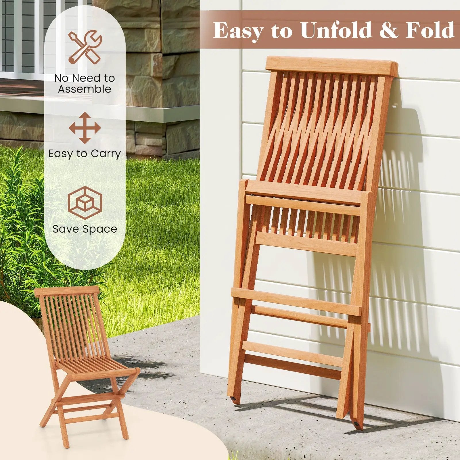 Teak Wood Patio Chairs Set of 2 with High Back and Slatted Seat by DirectDeals