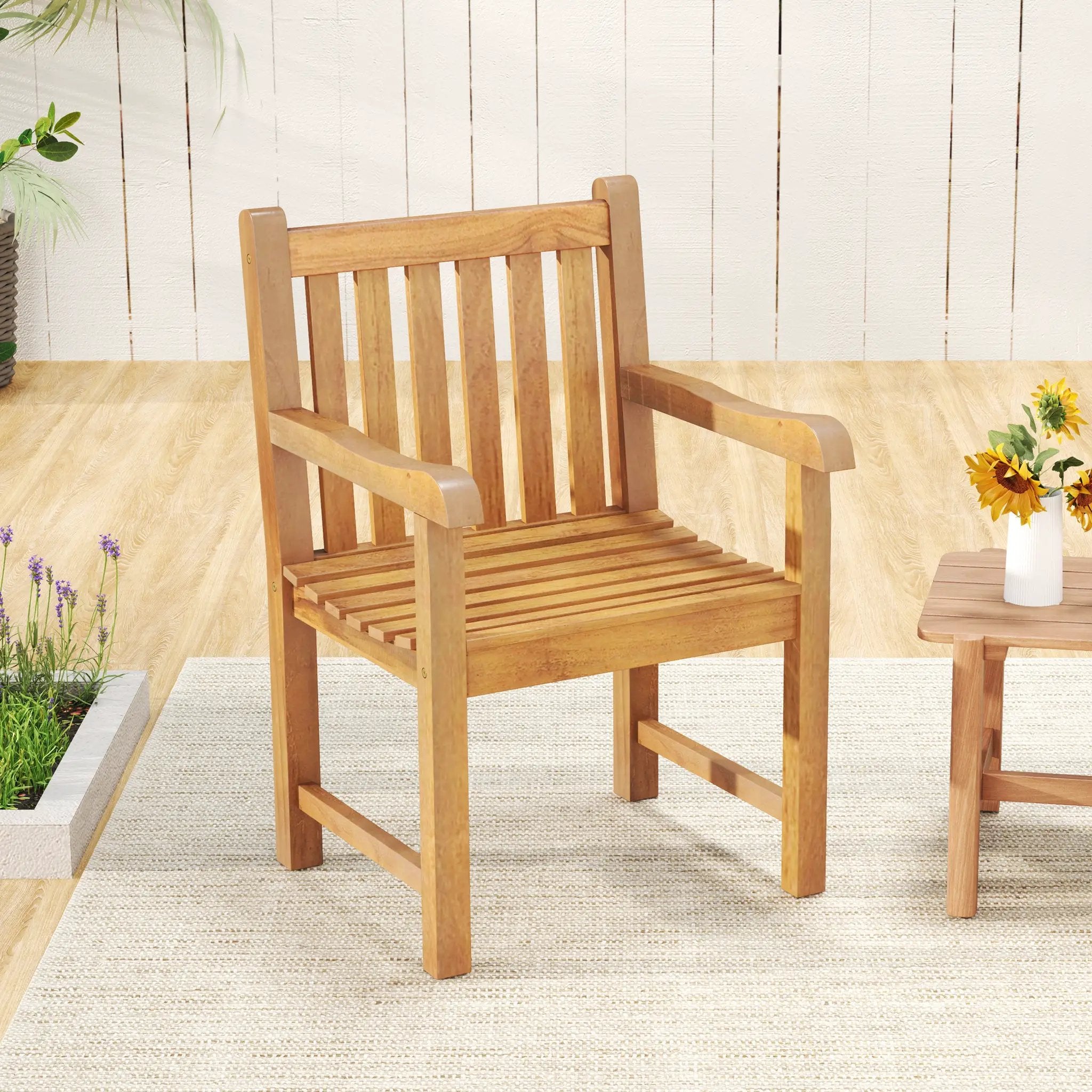 Teak Wood Patio Dining Chair with Slatted Seat Backrest and Solid Legs by DirectDeals