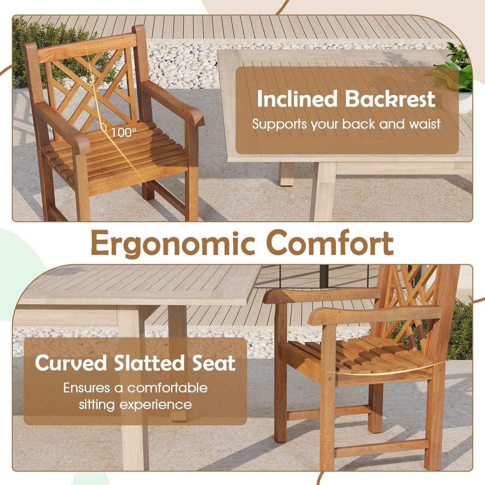 Teak Wood Patio Dining Chair with Slatted Seat Cross-Rhombus Backrest and Solid Legs by DirectDeals