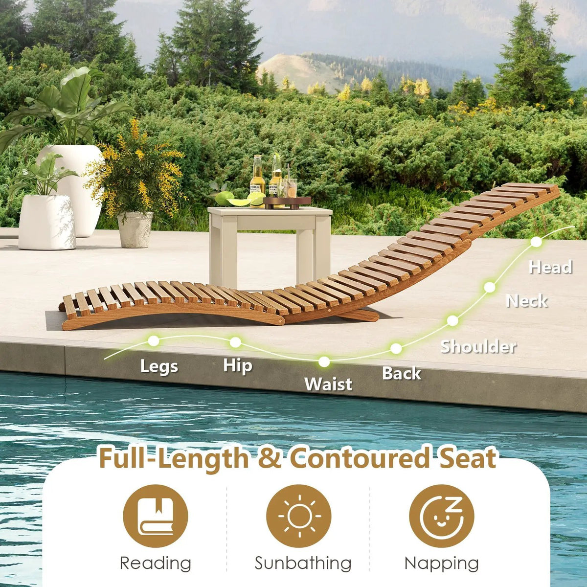 Teak Wood Patio Folding Chaise Lounge Chair with Slatted Seat, photo 12 of 16