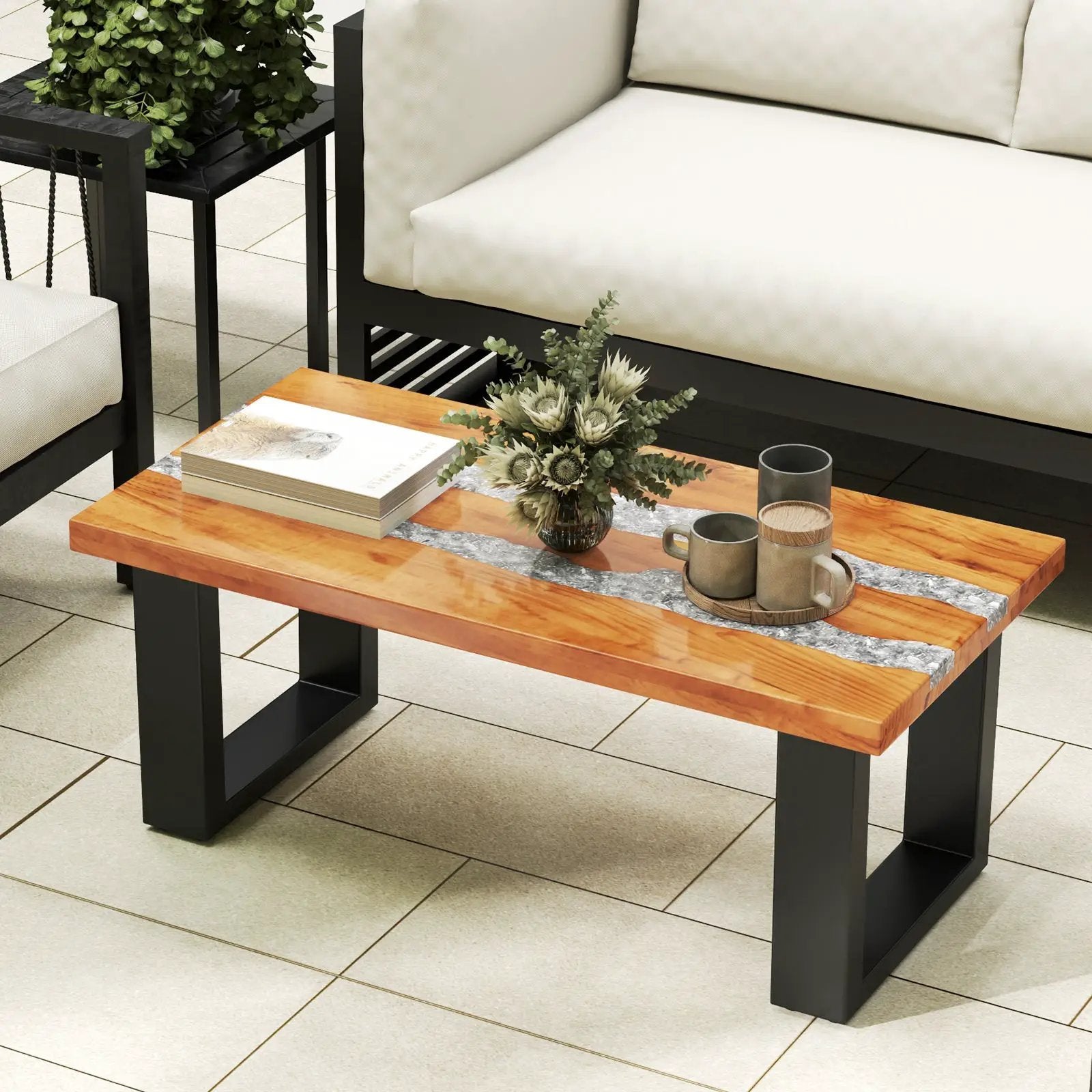 Teak Wood Patio Table with River Feel Epoxy Tabletop by DirectDeals