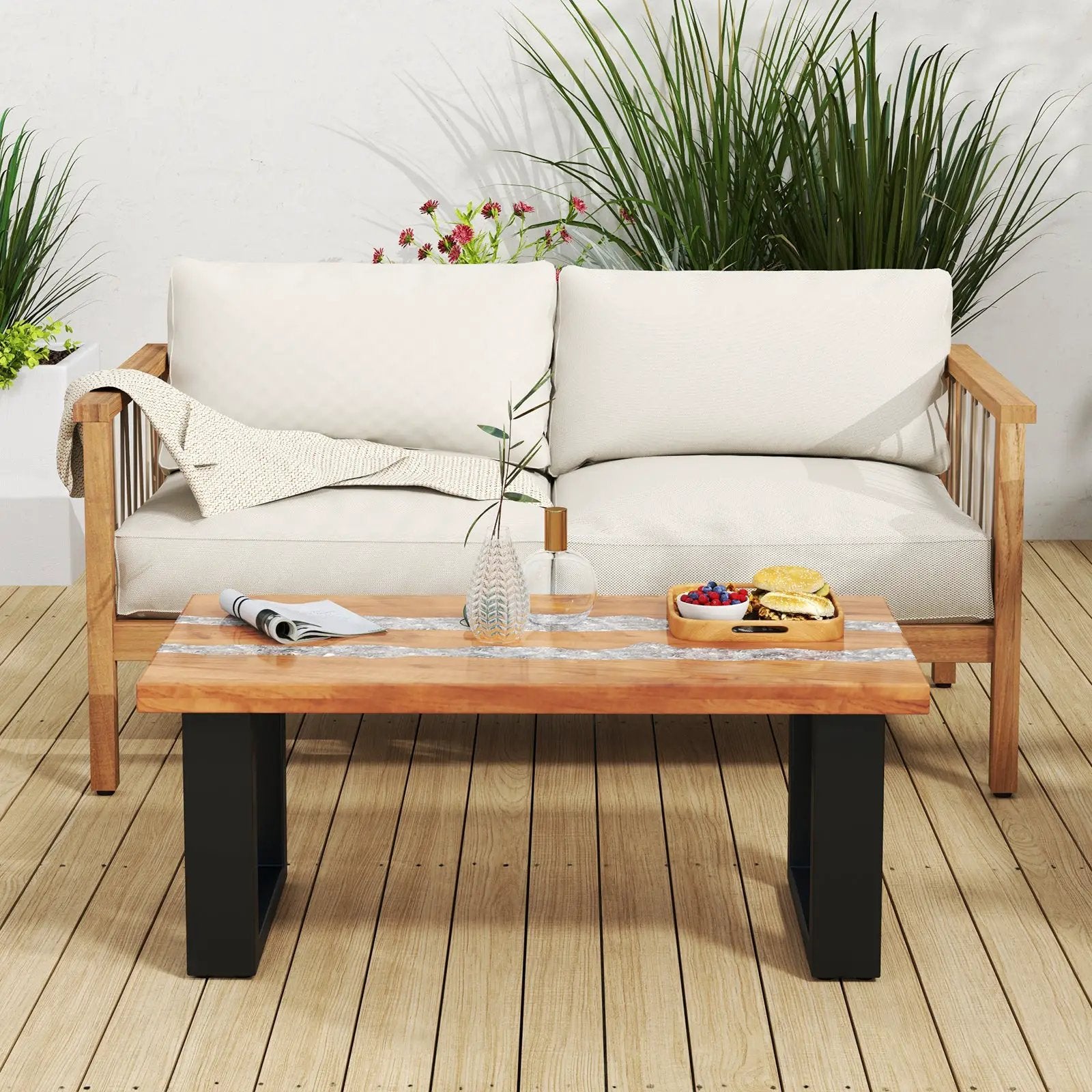 Teak Wood Patio Table with River Feel Epoxy Tabletop by DirectDeals