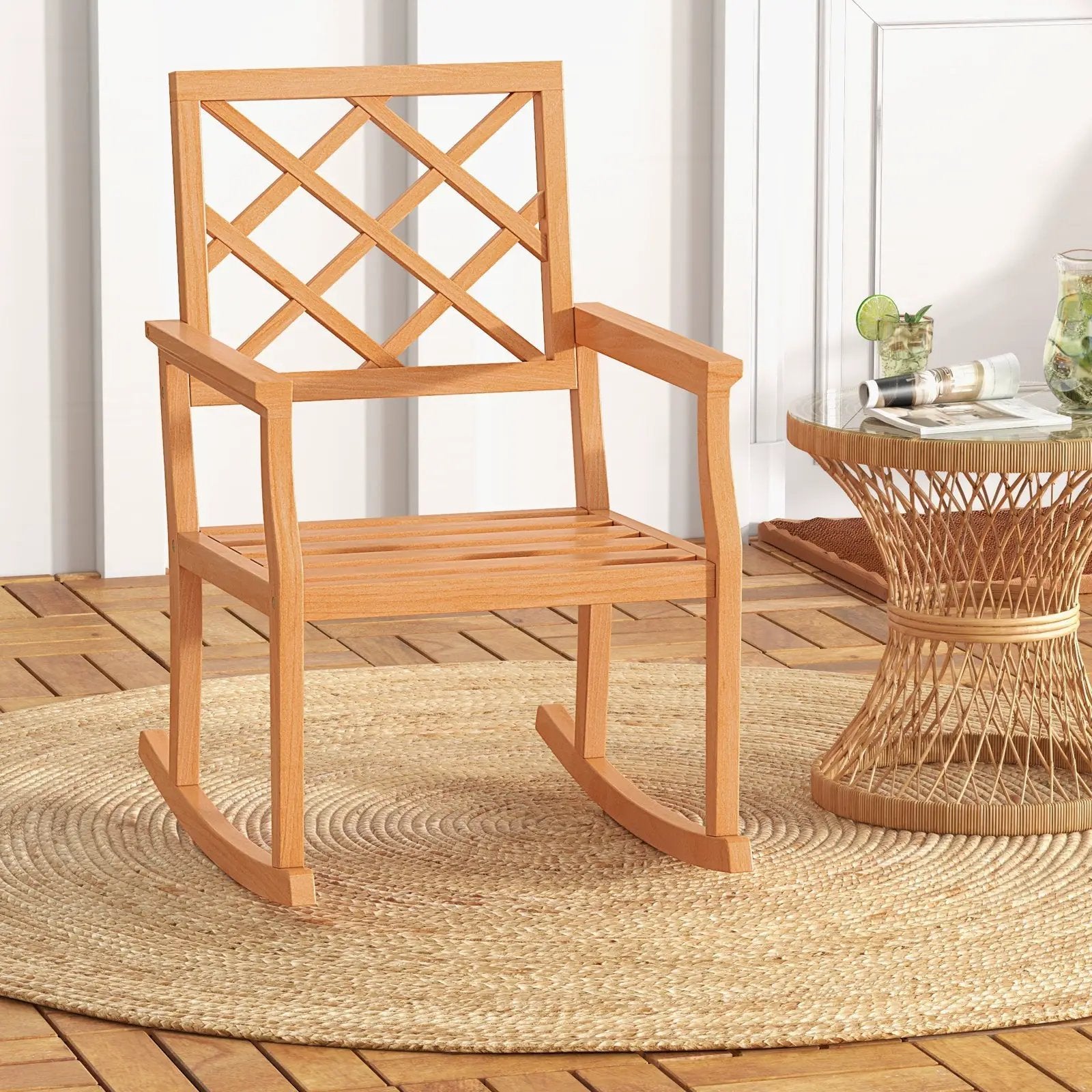 Teak Wood Rocking Chair Oversized Porch Rocker with Backrest and Slatted Seat by DirectDeals