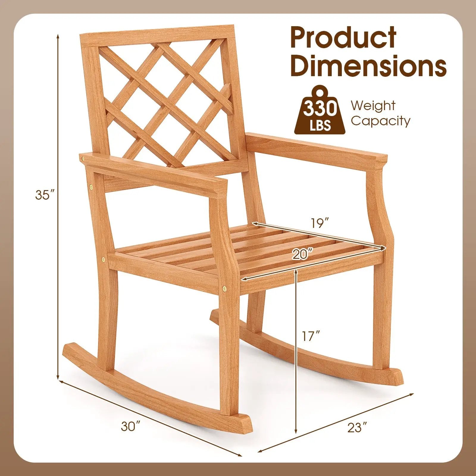 Teak Wood Rocking Chair Oversized Porch Rocker with Backrest and Slatted Seat by DirectDeals