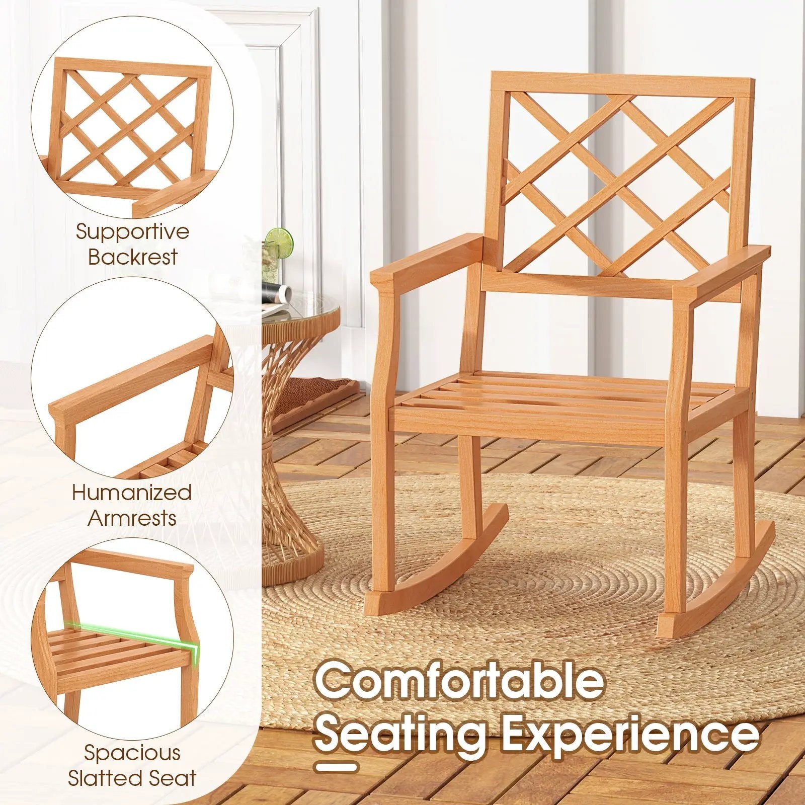 Teak Wood Rocking Chair Oversized Porch Rocker with Backrest and Slatted Seat by DirectDeals