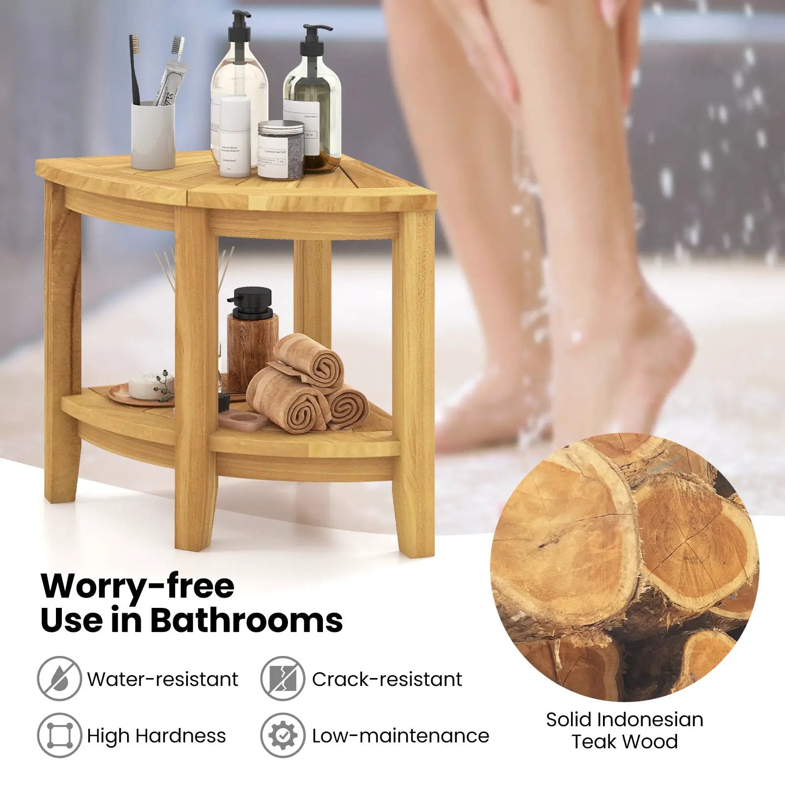 Teak Wood Shower Bench with Storage Shelf for Inside Shower to Sit on by DirectDeals