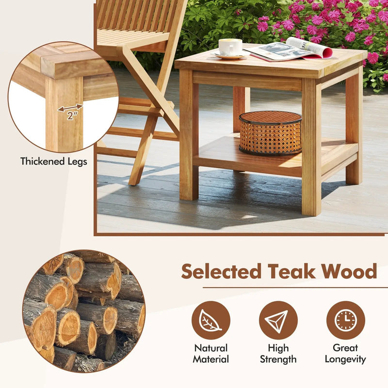 Teak Wood Square Side Table with Open Shelf for Small Space by DirectDeals