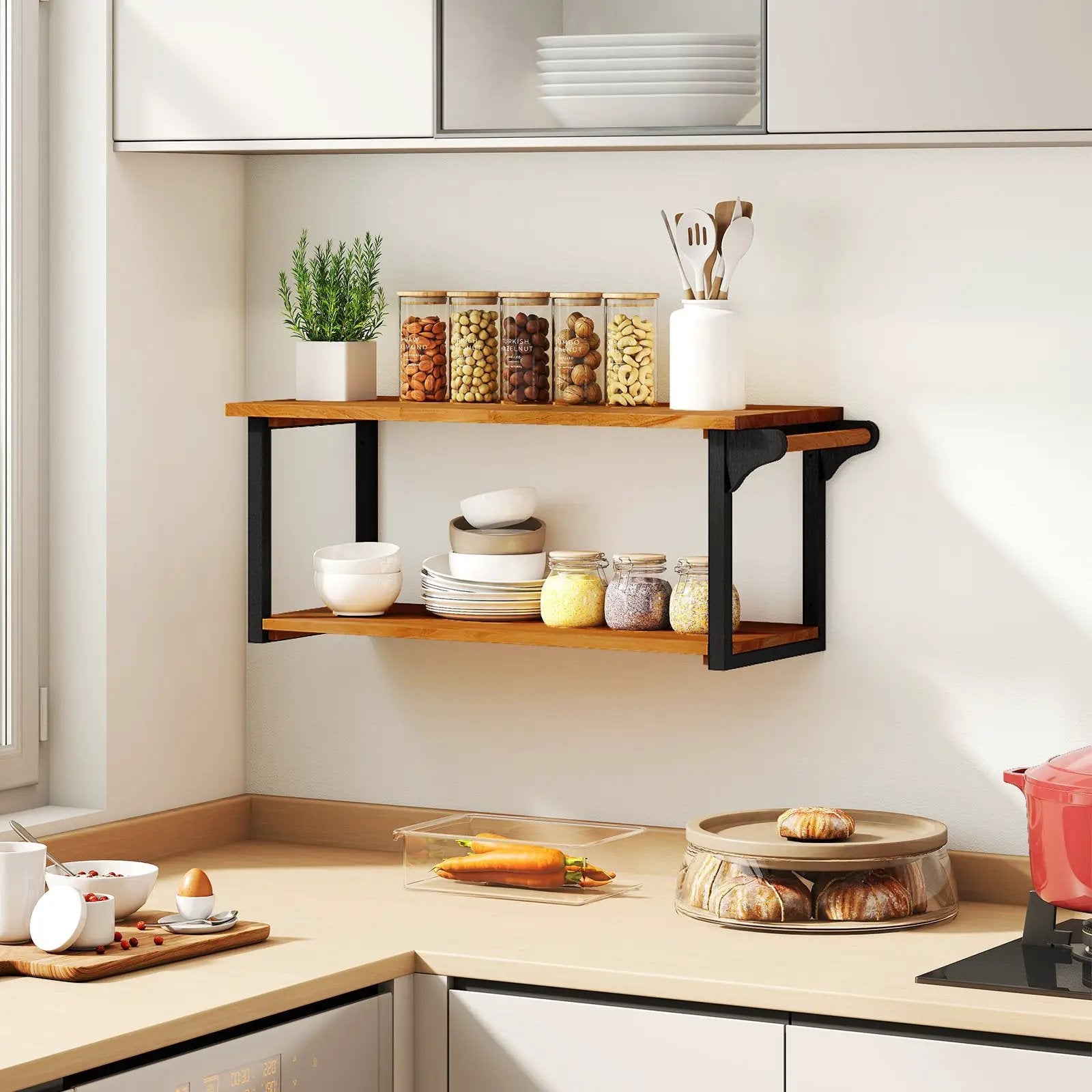 Teak Wood Wall Mounted Floating Shelves with Towel Bar by DirectDeals