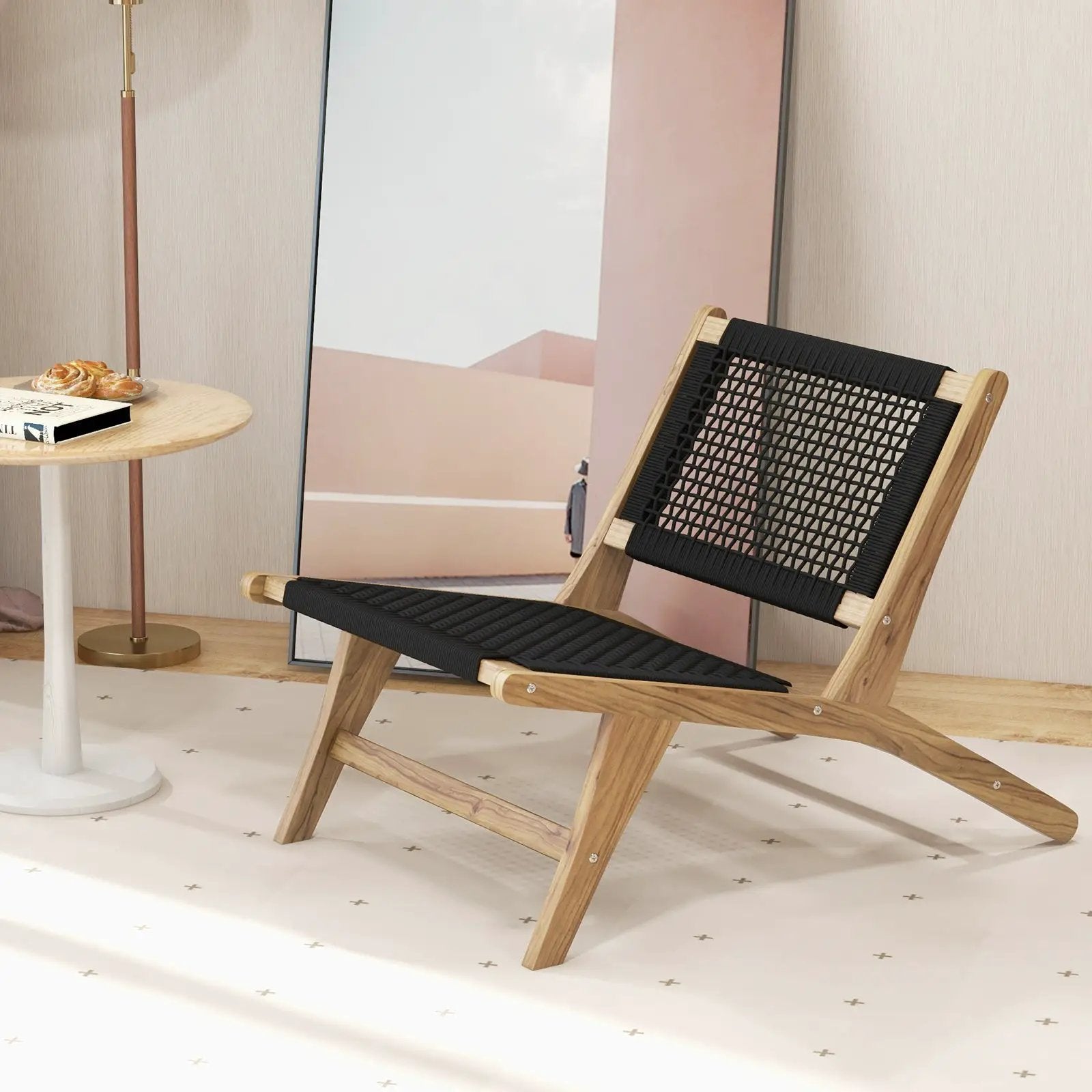 Indoor Outdoor Teak Wooden Chair with Handwoven Cordage Seat and Backrest by DirectDeals
