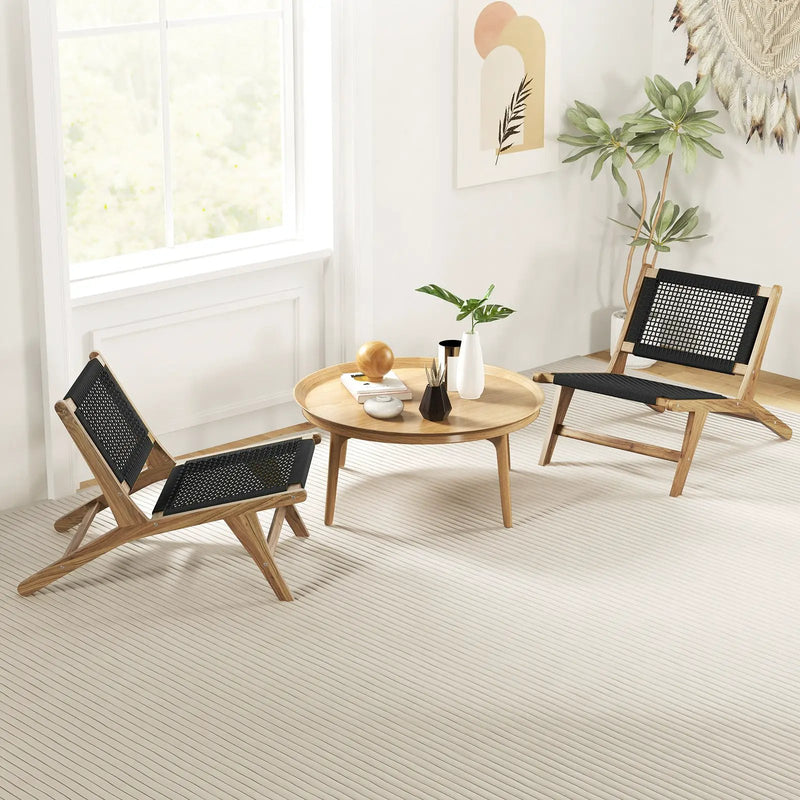 Indoor Outdoor Teak Wooden Chair with Handwoven Cordage Seat and Backrest by DirectDeals