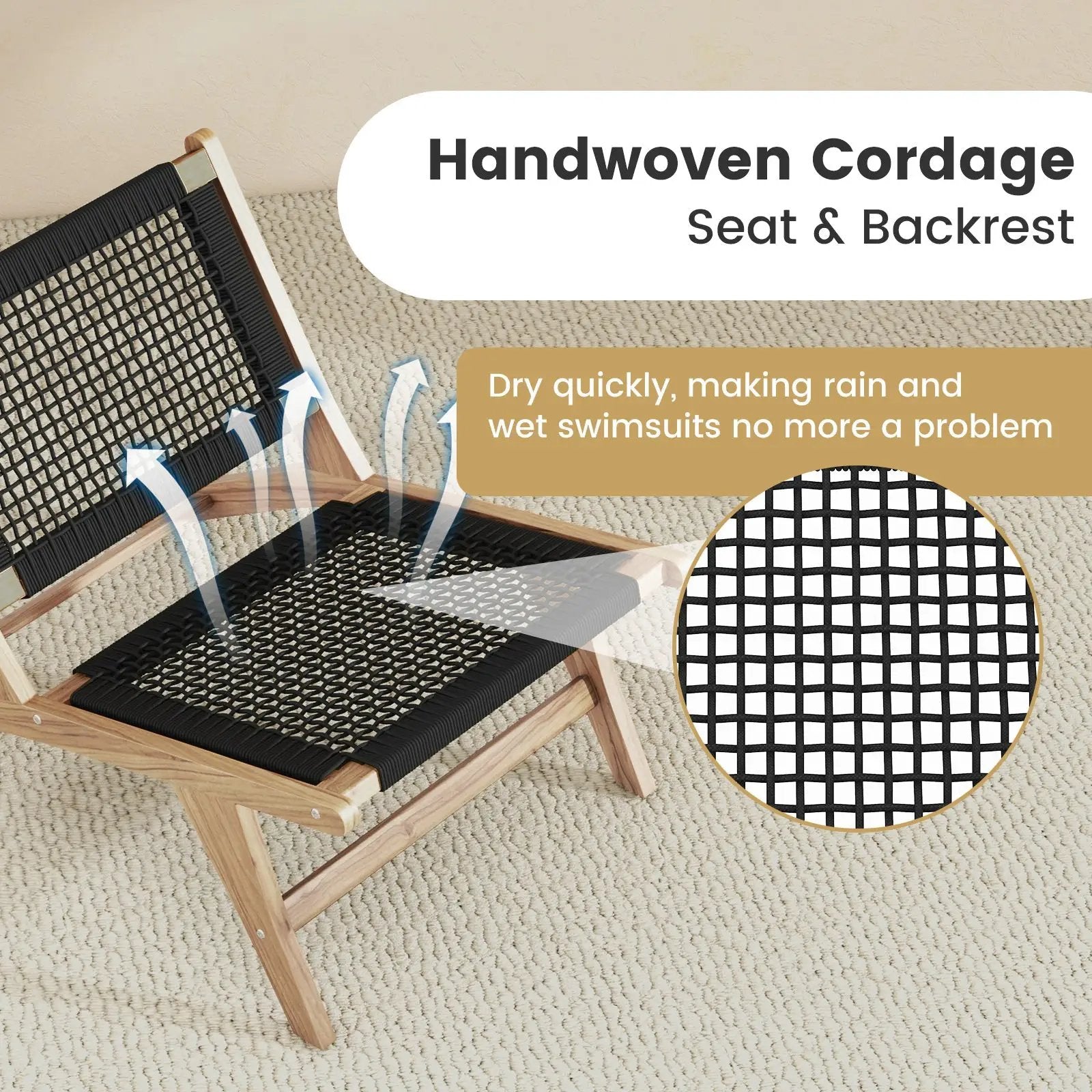 Indoor Outdoor Teak Wooden Chair with Handwoven Cordage Seat and Backrest by DirectDeals