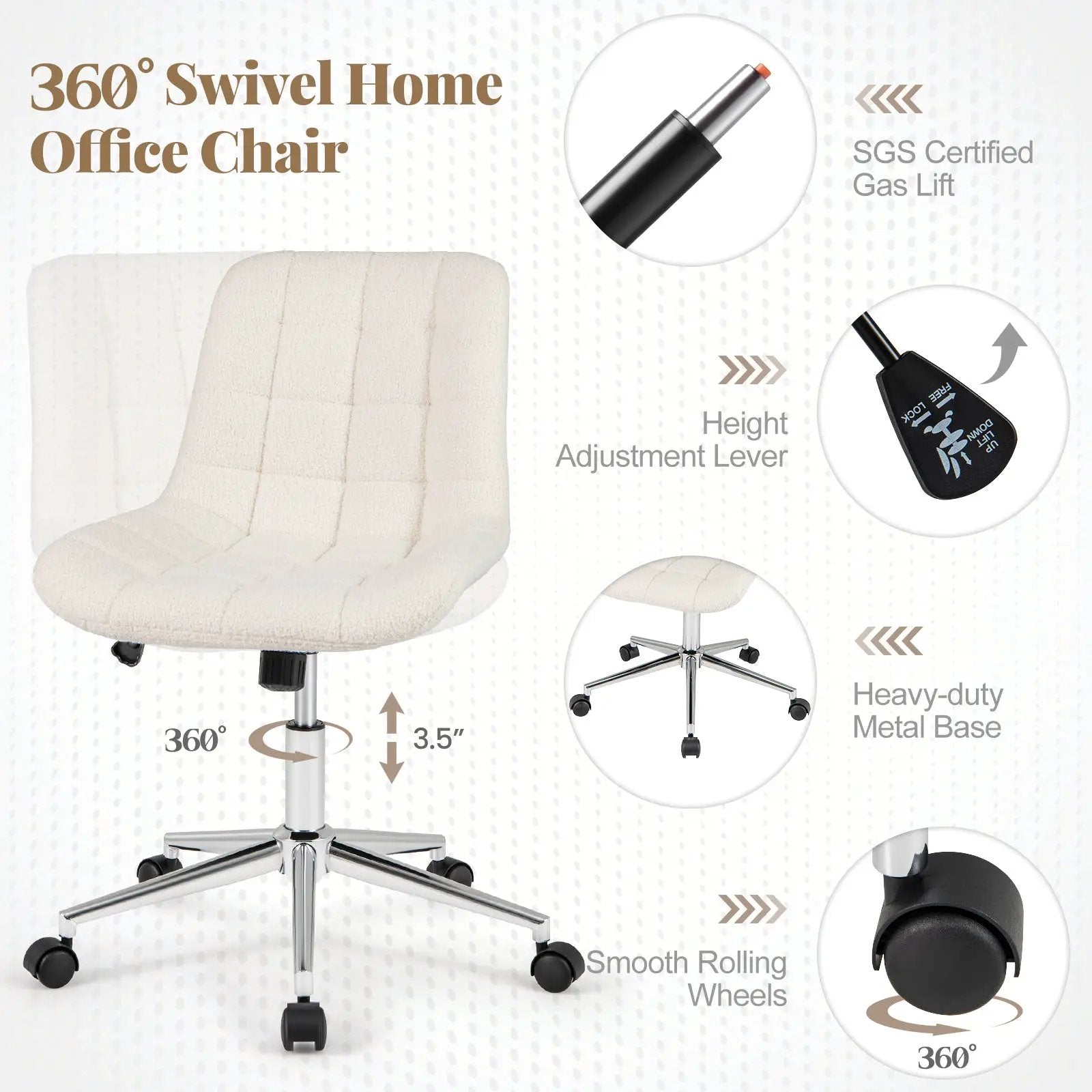 Teddy Fleece Armless Office Chair Makeup Vanity Chair-White by DirectDeals