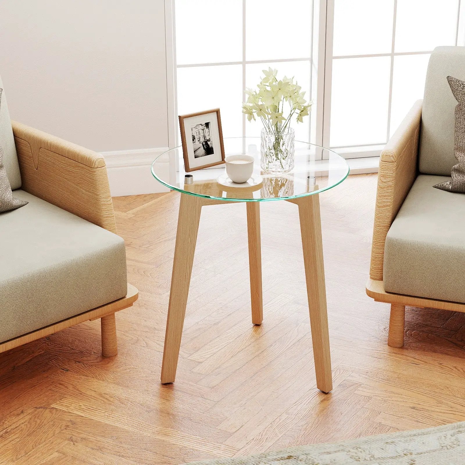 Tempered Glass End Table Round with Solid Rubber Wood Structure by DirectDeals